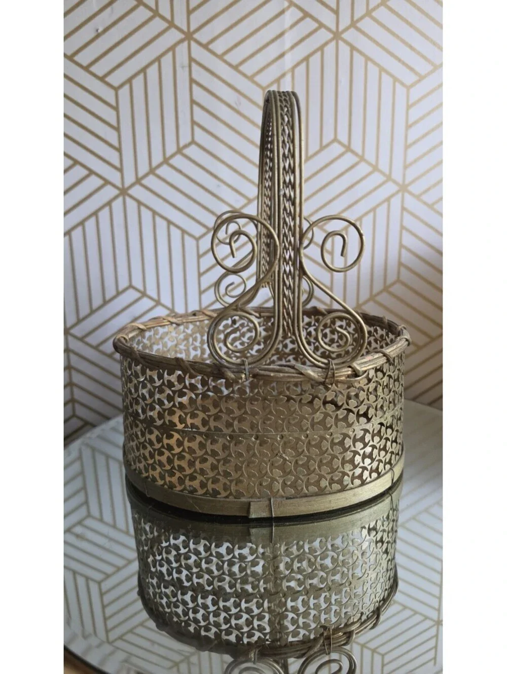 Vintage Perforated Gold Metal Scroll And Wood Basket